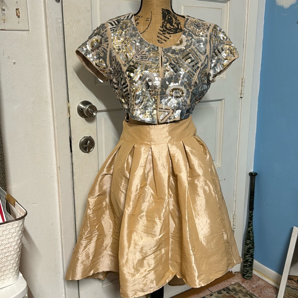 WHBM Silver and Gold Sequined Cropped Jacket W/San Joy Gold Pleated Tea Skirt